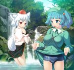  blue_eyes blue_hair dog_ears dress dress_lift hat ichio impossible_clothes impossible_clothing impossible_shirt inubashiri_momiji kawashiro_nitori key one-piece_swimsuit red_eyes school_swimsuit shirt skirt skirt_lift swimsuit swimsuit_under_clothes tail tokin_hat touhou twintails wading water waterfall white_hair wolf_ears wolf_tail 