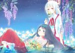  barefoot black_hair covering covering_face covering_mouth flower fujiwara_no_mokou holding houraisan_kaguya kei_(785944216) lap_pillow long_hair looking_at_viewer lying multiple_girls night night_sky red_eyes sitting skirt sky sleeves_rolled_up star_(sky) starry_sky touhou white_hair wisteria 