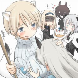  animal_ears black_legwear blue_eyes breast_grab breast_smother breasts cake cat_ears cat_tail eila_ilmatar_juutilainen food long_hair multiple_girls nikka_edvardine_katajainen open_mouth pantyhose sanya_v_litvyak shimohara_sadako short_hair smile smother strike_witches tail tail_wagging 