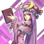  adapted_costume book bow bust character_name cocoaore crescent directional_arrow google hair_bow hat highres long_hair looking_at_viewer patchouli_knowledge purple_eyes purple_hair solo touhou violet_eyes zipper 