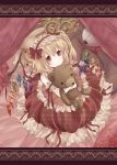  adapted_costume blonde_hair bow curtains flandre_scarlet hairband highres kuro_(pixiv213382) looking_up plaid red_eyes short_hair side_ponytail smile solo stuffed_animal stuffed_toy teddy_bear the_embodiment_of_scarlet_devil touhou unmoving_pattern wings 
