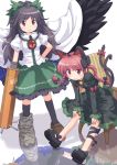  animal_ears arm_cannon armchair bell black_hair black_legwear black_wings bow braid cape cat_ears cat_tail chair dress extra_ears fang hair_bow hand_on_hip hands_on_knees hips jingle_bell kaenbyou_rin kneehighs kurotama_(avino) large_wings leg_ribbon loafers long_hair looking_at_viewer mismatched_footwear multiple_girls multiple_tails ponytail red_eyes red_hair redhead reflection reiuji_utsuho ribbon shoes simple_background sitting skirt smile standing tail tail_ribbon tareme third_eye touhou twin_braids twintails weapon wings 