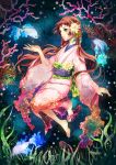  aqua_eyes barefoot blue_hair braid brown_hair coral fish flower green_eyes hair_flower hair_ornament highres japanese_clothes kimono long_hair long_sleeves nashi_(pixiv677235) original plant see-through shoe_dangle shoes_removed single_shoe solo twin_braids twintails underwater 