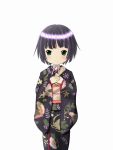  floral_print green_eyes hands_together ikoku_meiro_no_croisee japanese_clothes kimono looking_at_viewer obi short_hair simple_background solo standing yune_(ikoku_meiro_no_croisee) 