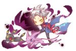  1boy chibi coat darkness espeon gloves grey_hair leo_(pokemon) light light_smile poke_ball pokemon pokemon_(creature) pokemon_(game) pokemon_colosseum running shoulder_pads umbreon yellow_eyes 