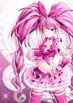  bad_id blue_eyes cure_melody hamuhamu hand_on_hip hips houjou_hibiki long_hair magical_girl midriff musical_note navel panties panty_pull pink pink_background pink_hair pink_legwear precure skirt solo staff_(music) suite_precure thigh-highs thighhighs twintails underwear wink 