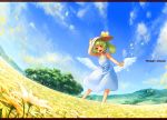 alternate_costume alternate_wings angel_wings blue_eyes blue_sky cloud daiyousei dress fisheye flower_field forest green_hair hair_ribbon hand_on_hat happy highres letterboxed looking_at_viewer low_wings nature open_mouth petals ribbon sachito side_ponytail sky smile solo sundress touhou white_dress wings 