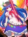  blue_hair boots cross-laced_footwear energy_sword food fruit glowing hat hinanawi_tenshi lace-up_boots long_hair peach red_eyes shirt skirt smile smirk solo sword sword_of_hisou tonbi touhou very_long_hair weapon 