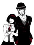  black_hair bob_cut bowler_hat closed_eyes eyes_closed facial_hair facial_mark formal gloves goatee grin hairband hands_in_pockets hat jake_martinez kriem loup-garou necktie okappa partially_colored red_gloves short_hair sideburns simple_background smile spot_color suit tears tiger_&amp;_bunny 