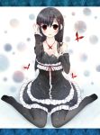  black_hair black_legwear blush bow butterfly dress frills hair_ornament hairpin hand_in_hair hand_on_chest hand_on_own_chest hand_to_chest highres jewelry kneeling necklace original pantyhose red_eyes smile solo 