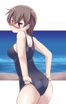  ass blush breasts brown_eyes brown_hair celebi_ryousangata from_behind glasses half_rim_glasses highres k-on! looking_back manabe_nodoka ocean one-piece_swimsuit red-framed_glasses school_swimsuit semi-rimless_glasses short_hair solo sweat swimsuit under-rim_glasses water 