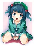  blue_eyes blue_hair blush boots breasts cap dress hair_bobbles hair_ornament hakiata hat highres kawashiro_nitori kneeling looking_up open_mouth sitting solo touhou twintails v_arms wariza 