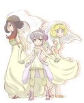  azami_(pokemon) bad_id black_hair blonde_hair dress elbow_gloves flower frontier_brain gloves hairband hand_holding holding_hands jiminoko kogomi_(pokemon) lila_(pokemon) multiple_girls pokemon pokemon_(game) pokemon_rse purple_hair purple_rose rose simple_background smile wedding_dress 