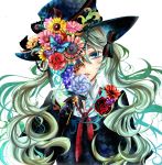  aqua_eyes bow flower gloves green_hair hair_bow hat hat_flower hatsune_miku head_tilt highres long_hair red_rose rose simple_background solo top_hat tubakinokubi twintails very_long_hair vocaloid 