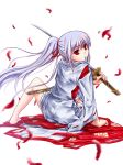  alternate_hairstyle bare_legs barefoot bottomless fujiwara_no_mokou hair_ribbon hakama japanese_clothes katana long_hair mouth_hold no_pants ofuda pants_removed ponytail ribbon ribbon_in_mouth scabbard sheath shirt silver_hair sitting slit_pupils solo sword touhou tsuyadashi_shuuji weapon 