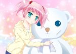  1girl :3 aqua_eyes blush hug kokoro_(pixiv2967275) nail_polish pink pink_hair short_hair solo sparkle teddy_bear twintails yoshikawa_chinatsu yuru_yuri 
