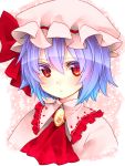  :&lt; :/ ascot bad_id blue_hair brooch colored_eyelashes face gradient_hair hat jewelry multicolored_hair portrait purple_hair red_eyes remilia_scarlet short_hair slit_pupils solo touhou yutazou 