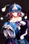  artist_request bare_shoulders breasts cleavage ghost hat hitodama japanese_clothes off_shoulder pink_hair saigyouji_yuyuko short_hair smile solo touhou triangular_headpiece undressing yamaguchi_yuu 