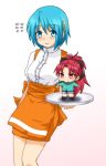  anna_miller blue_eyes blue_hair blush chibi denim denim_shorts dress hair_ornament hair_ribbon hairclip hayashiya_zankurou long_hair mahou_shoujo_madoka_magica miki_sayaka multiple_girls orange_dress pocky red_eyes red_hair redhead ribbon sakura_kyouko short_hair shorts waitress 