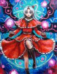  blue_eyes boots capelet dress goddess hair_bobbles hair_ornament long_hair oil_painting_(medium) shinki side_ponytail silver_hair solo tafuto touhou traditional_media wings 