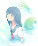  blue_hair light_smile long_hair mermaid monster_girl original partially_submerged school_uniform solo submerged tail tuhut water 