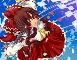  ascot bow brown_hair detached_sleeves flower flying from_above gohei hair_bow hair_tubes hakurei_reimu ju-zika long_hair miko navel open_mouth outstretched_arms petals red_eyes sky smile solo spread_arms touhou 