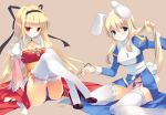  2girls adjusting_hair animal_ears archbishop arm_support black_panties blonde_hair blue_eyes blush bow bow_panties breasts bunny_ears cleavage cleavage_cutout cross garters glasses glasses_removed hair_ribbon headband high_priest jewelry light_smile long_hair multiple_girls nama2e necklace panties pantyshot pantyshot_(sitting) pantyshot_sitting pointy_ears ragnarok_online red_eyes ribbon simple_background sitting thighhighs underwear wariza white_legwear 