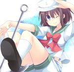  anchor black_hair blue_eyes bow brown_hair hat marotti murasa_minamitsu sailor sailor_hat short_hair shorts smile solo touhou wink 