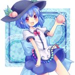  alternate_hair_length alternate_hairstyle arm_up blue_hair blush child food fruit hat hinanawi_tenshi holding holding_fruit holding_peach lowres minato0618 open_mouth peach red_eyes shirt short_hair skirt smile solo touhou 