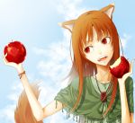  apple brown_hair fang food fruit holding holding_apple holding_fruit holo horo long_hair red_eyes spice_and_wolf trench_(artist) wolf_ears 
