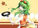  apron egg frying_pan goggles goggles_on_head green_eyes green_hair gumi open_mouth ryou_(pixiv779953) short_hair smile solo vocaloid wrist_cuffs 