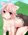  1girl ? ahoge all_fours animal_ears bare_legs bare_shoulders blush breasts brown_eyes cleavage cleavage_cutout large_breasts leaning_forward looking_at_viewer miki_plus miki_purasu minecraft personification pig pig_ears pig_girl pink_hair 