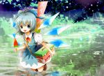  bad_id bag blue_dress blue_eyes blue_hair bow cirno dress flag food hair_bow ice_cream ichitaro open_mouth reflection short_hair shoulder_bag smile solo touhou translated translation_request wings 