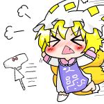  &gt;_&lt; angry annyui blonde_hair chibi closed_eyes cursor dress eyes_closed fang fox_tail hat hat_with_ears multicolored_dress multiple_tails oekaki open_mouth purple_dress running solo tabard tail touhou white_dress yakumo_ran 