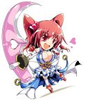  :d \m/ adapted_costume blush_stickers breasts chibi cleavage clog_sandals geta gloves heart ichirino_minagi large_breasts magical_girl obi onozuka_komachi open_mouth platform_footwear red_eyes red_hair redhead scythe simple_background skirt smile solo touhou twintails 