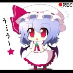  bat_wings blue_hair blush chibi hands_on_own_chest hands_to_chest hasewox hat letterboxed open_mouth recording red_eyes remilia_scarlet solo standing touhou translated wings 