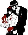  black_hair bowler_hat cake candy cuffs earrings facial_hair facial_mark food formal fruit gloves goatee hairband handcuffs hat holding jake_martinez jewelry kriem linker_(dalia) lollipop mouth_hold necktie partially_colored red_gloves short_hair sideburns simple_background spot_color strawberry suit tiger_&amp;_bunny 