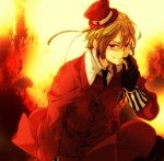  arm_support arm_up axis_powers_hetalia badge bangs bishounen brown_hair circus66 fang finger_to_mouth gloves hat hat_ribbon jewelry kneeling looking_at_viewer male military military_uniform mini_top_hat necktie one_knee pendant red_eyes ribbon romania_(hetalia) smile solo top_hat uniform wind 