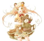  blonde_hair bloomers blush bow extra girl_with_bear_(madoka_magica) gloves hair_ornament heart long_hair lunica mahou_shoujo_madoka_magica open_mouth simple_background skirt smile solo stuffed_animal stuffed_toy teddy_bear yellow_eyes 