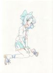  bad_id blue_eyes blue_hair blush bow casual cirno contemporary hair_bow open_mouth short_hair sitting sketch skirt smile solo touhou ume_(plumblossom) 