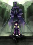  1girl black_legwear boots bow detached_sleeves gloves hat highres long_hair original pixiv_shadow pixiv_shadow_3 purple_eyes purple_hair shirogane_usagi shiroganeusagi shorts solo thighhighs v_arms 