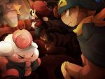  blue_eyes brown_hair cap cloak closed_eyes cowering doll_joints eyes_closed facial_hair fighting from_behind geno gloves hammer hat mallow_(mario) mario mustache open_mouth scarf smithy super_mario_bros. super_mario_rpg tears 