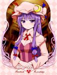  1girl :&lt; adapted_costume blush book bookshelf bow breasts bust cleavage crescent earrings hair_bow hat highres jewelry long_hair patchouli_knowledge purple_eyes purple_hair revised revision solo sweatdrop touhou zaxwu 