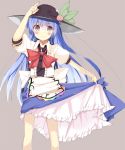  blue_hair bow deanoia food fruit hat hinanawi_tenshi layered_skirt long_hair long_skirt peach pink_eyes skirt skirt_hold skirt_pull smile solo touhou 