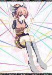  bad_id blonde_hair dress grey_legwear hair_ribbon kneehighs kurodani_yamame orange_hair purple_eyes red_eyes ribbon sitting solo string takiteru thread threads touhou 