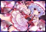  1girl bat_wings blue_hair brooch frills hat hat_ribbon jewelry konpotsu outstretched_arm red_eyes remilia_scarlet ribbon solo touhou wings 