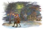  city clouds gloves lantern moon night scarf scenery snow taiki taiki_(luster) tree walking 