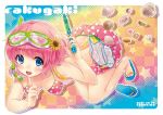  bikini bikini_skirt diving_mask finger_to_mouth goggles goggles_on_head hyuuga_azuri open_mouth original pink_hair print_bikini sandals seashell shell skirt smile snorkel star star_print swimsuit water_gun 