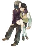  1girl amamori_kohan androgynous bad_id black_hair couple formal kujou_subaru sakura_taisen sakura_taisen_v short_hair sitting sitting_on_lap sitting_on_person suit sweat taiga_shinjiro taiga_shinjirou 