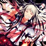  bad_id dutch_angle fire foreshortening fujiwara_no_mokou grin kotonari_seesaa lying outstretched_arm outstretched_hand red_eyes smile solo suspenders touhou 